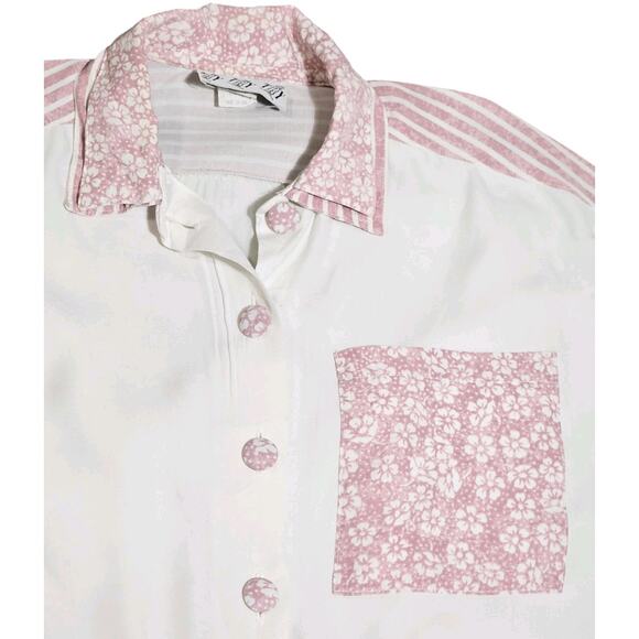 Vtg Try 1 Button-Up Top USA Pink White Floral Striped Colorblock Womens M 80s - Picture 3 of 8